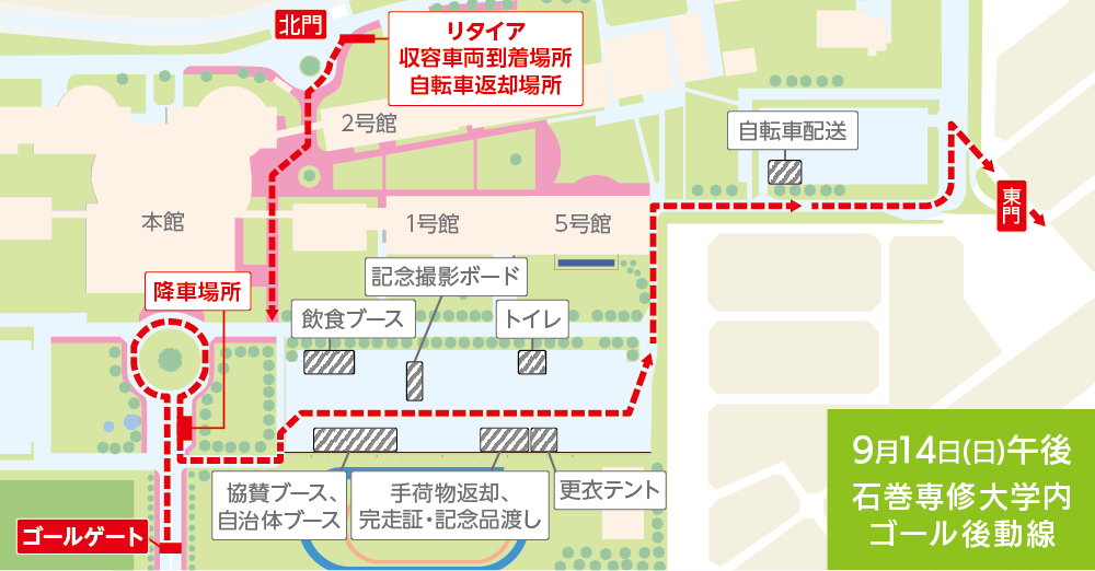 9月14日(日)ゴールゲート、リタイア収容車両到着場所、自転車返却場所などの地図